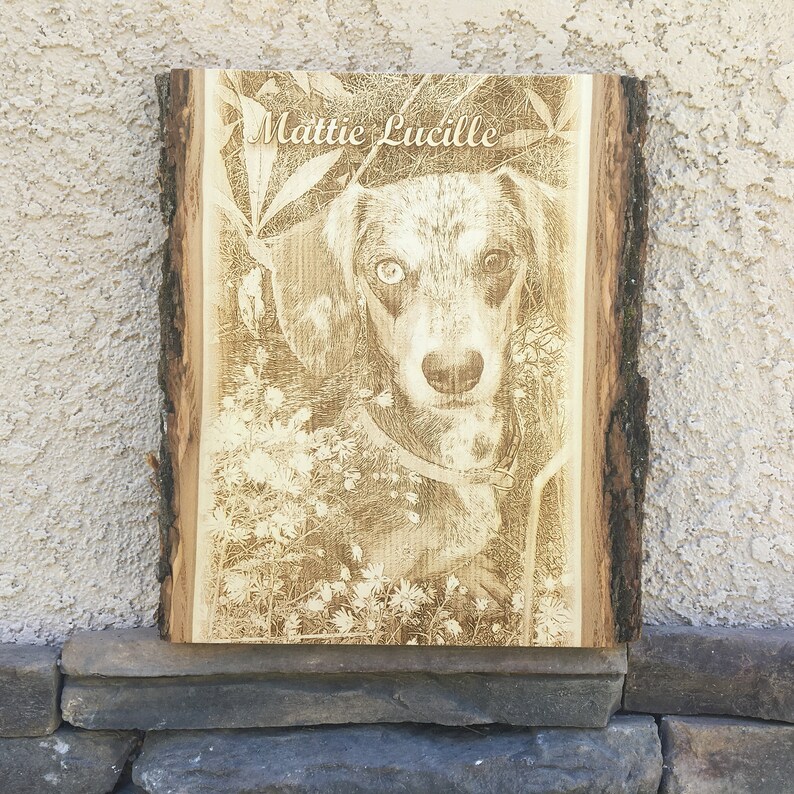 Custom dog pet memorial portrait, laser engraved on wood for a personalized, timeless keepsake. Ideal for honoring your beloved pet, this piece features intricate wood burning details. Includes a preview mockup to ensure a meaningful design.