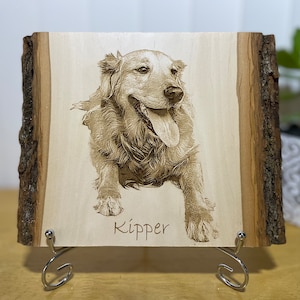 SMALL 8x7&quot; - Dog Memorial Portrait, Custom Laser Engraving on Wood | Personalized PET Keepsake - Preview Mockup Design Order with Confidence