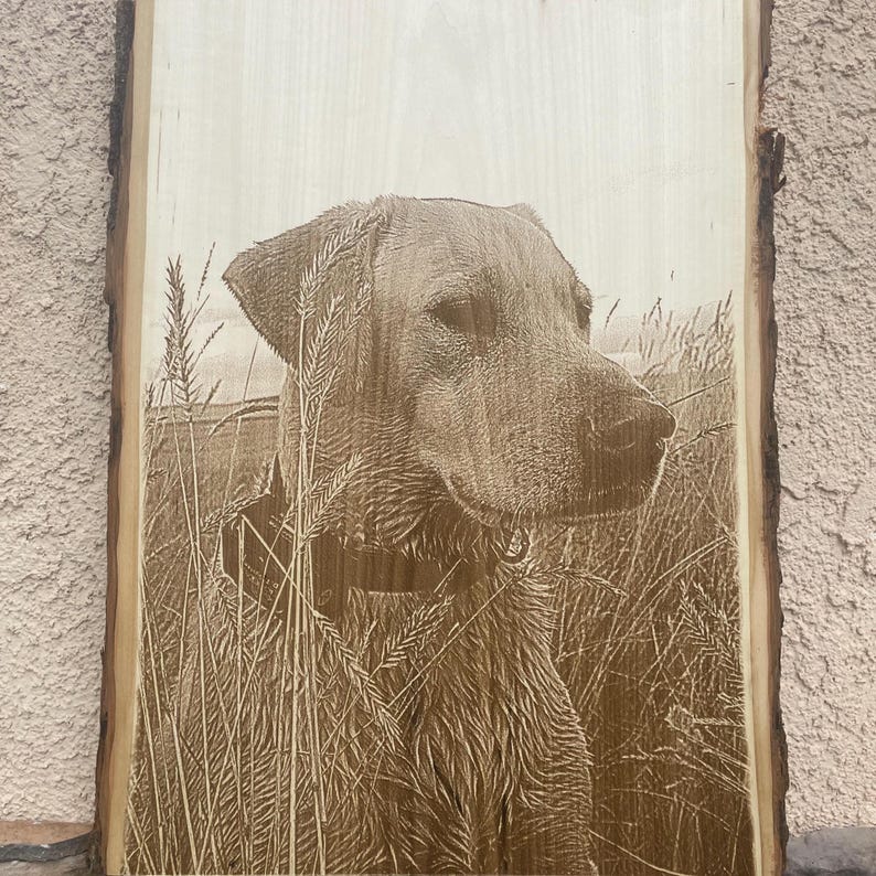 Personalized Dog Pet Memorial Portrait Laser Engraved Wood Plank, Preview Mockup image 14