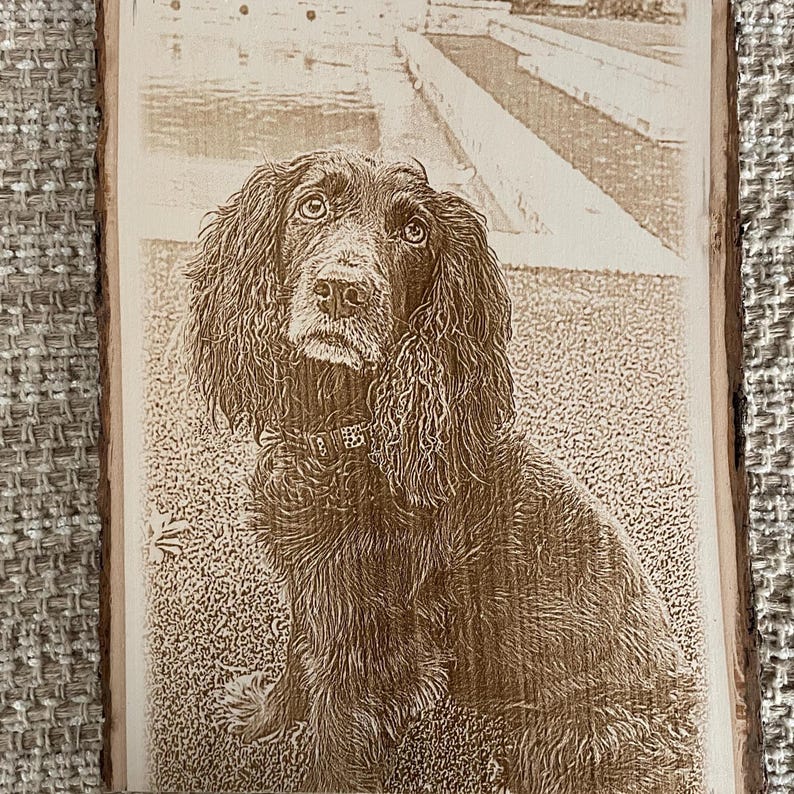 Personalized Dog Pet Memorial Portrait Laser Engraved Wood Plank, Preview Mockup image 17