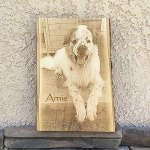 Custom Dog Portrait: Laser Engraved Pet Memorial on Natural Wood Plank I Preview Mockup