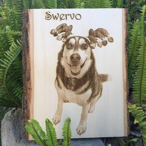 Custom dog pet memorial portrait, laser engraved on wood for a personalized, timeless keepsake. Ideal for honoring your beloved pet, this piece features intricate wood burning details. Includes a preview mockup to ensure a meaningful design.