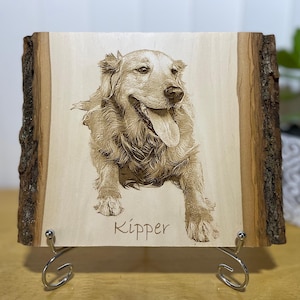Custom Dog Memorial Portrait Laser Engraved one Natural Wood Plank  I Preview Mockup