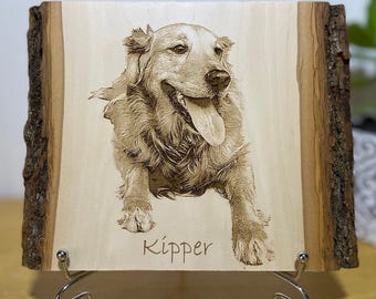 Custom Dog Memorial Portrait Laser Engraved one Natural Wood Plank  I Preview Mockup
