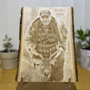 Custom Hunting Photo Engraved on Wood Plank, Deer Hunting Gift, Hunter Memorial Keepsake | Free Preview Mockup