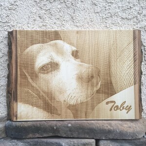 Custom dog pet memorial portrait, laser engraved on wood for a personalized, timeless keepsake. Ideal for honoring your beloved pet, this piece features intricate wood burning details. Includes a preview mockup to ensure a meaningful design.