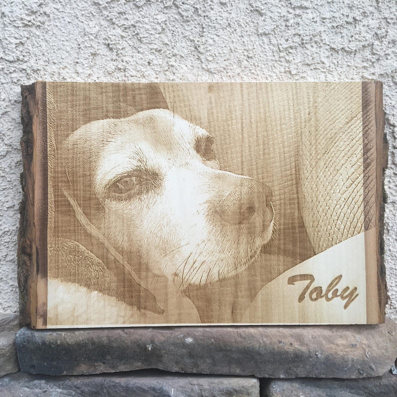 Custom dog pet memorial portrait, laser engraved on wood for a personalized, timeless keepsake. Ideal for honoring your beloved pet, this piece features intricate wood burning details. Includes a preview mockup to ensure a meaningful design.