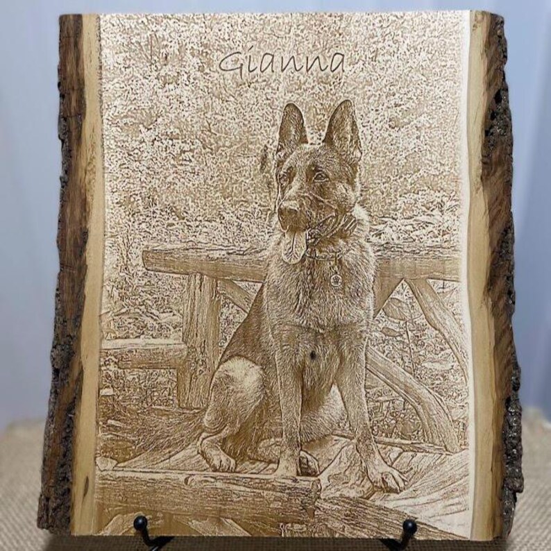 Custom dog pet memorial portrait, laser engraved on wood for a personalized, timeless keepsake. Ideal for honoring your beloved pet, this piece features intricate wood burning details. Includes a preview mockup to ensure a meaningful design.
