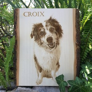 Custom dog pet memorial portrait, laser engraved on wood for a personalized, timeless keepsake. Ideal for honoring your beloved pet, this piece features intricate wood burning details. Includes a preview mockup to ensure a meaningful design.