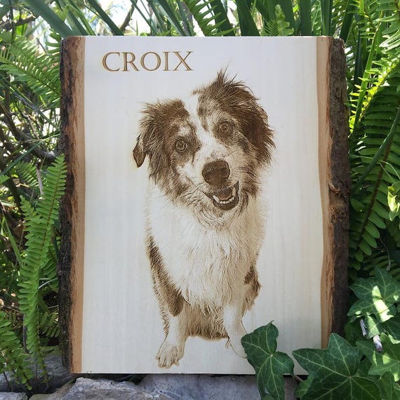 Personalized Dog Pet Memorial Portrait Laser Engraved Wood Plank, Preview Mockup