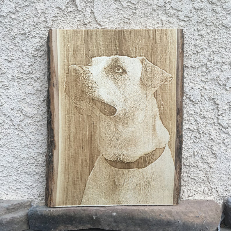 Custom dog pet memorial portrait, laser engraved on wood for a personalized, timeless keepsake. Ideal for honoring your beloved pet, this piece features intricate wood burning details. Includes a preview mockup to ensure a meaningful design.