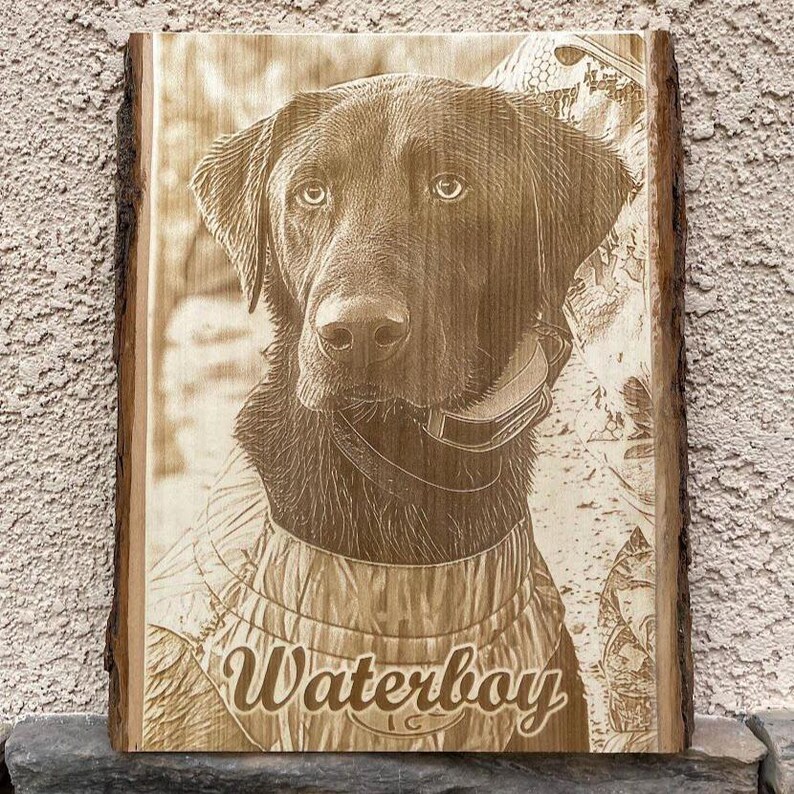 Personalized Dog Pet Memorial Portrait Laser Engraved Wood Plank, Preview Mockup image 4