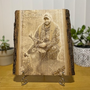 Custom Deer Hunting Photo Laser Engraving on Wood Plank Gift I Preview Mockup