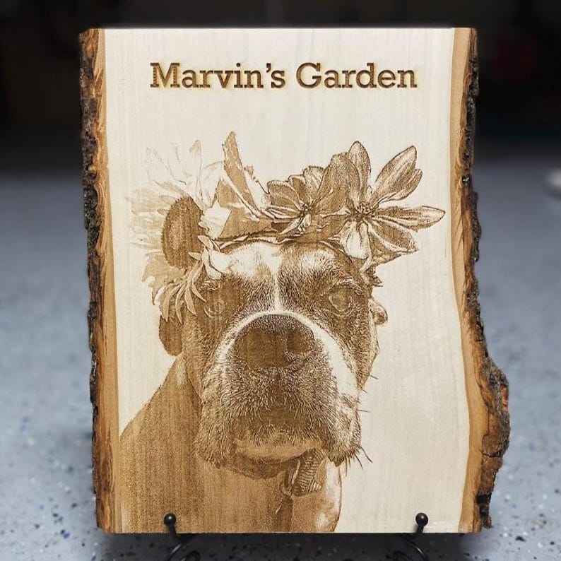 Custom dog pet memorial portrait, laser engraved on wood for a personalized, timeless keepsake. Ideal for honoring your beloved pet, this piece features intricate wood burning details. Includes a preview mockup to ensure a meaningful design.