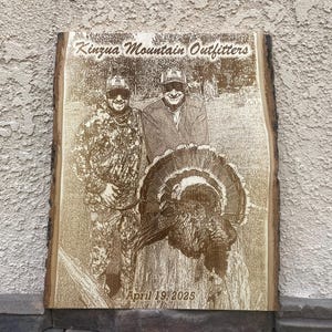 Personalized Turkey Hunting Photo Laser Engraved on Natural Wood Plank I Preview Mockup