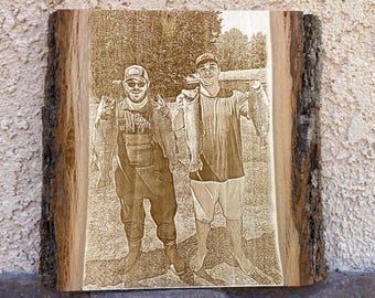 Personalized Fishing Photo Laser Engraving on Natural Wood - Preview Mockup