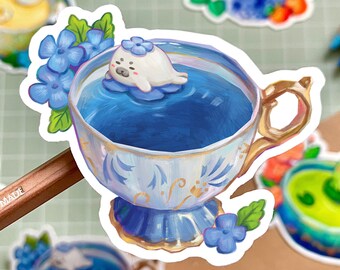 Seal Blue Tea | Waterproof Vinyl Sticker | Laptop Decal | kawaii stickers