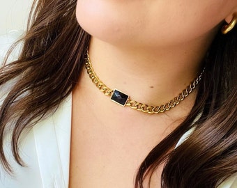 Black Stone and Gold Chain - Etsy