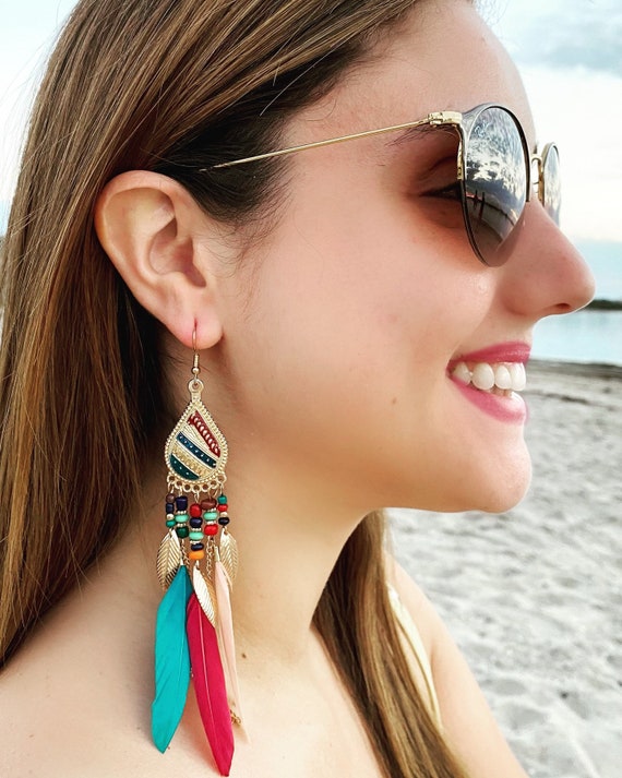 Feather Long Multicolored Earrings Beaded Dangle Jewelry Large