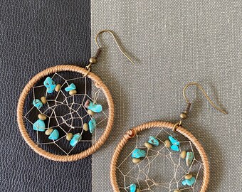 Wicker Circle Dangle Earrings, Mandala Hoop Jewelry, Straw Drop , Filigree, Jute Beaded Turquoise Handmade, Gift for Friend