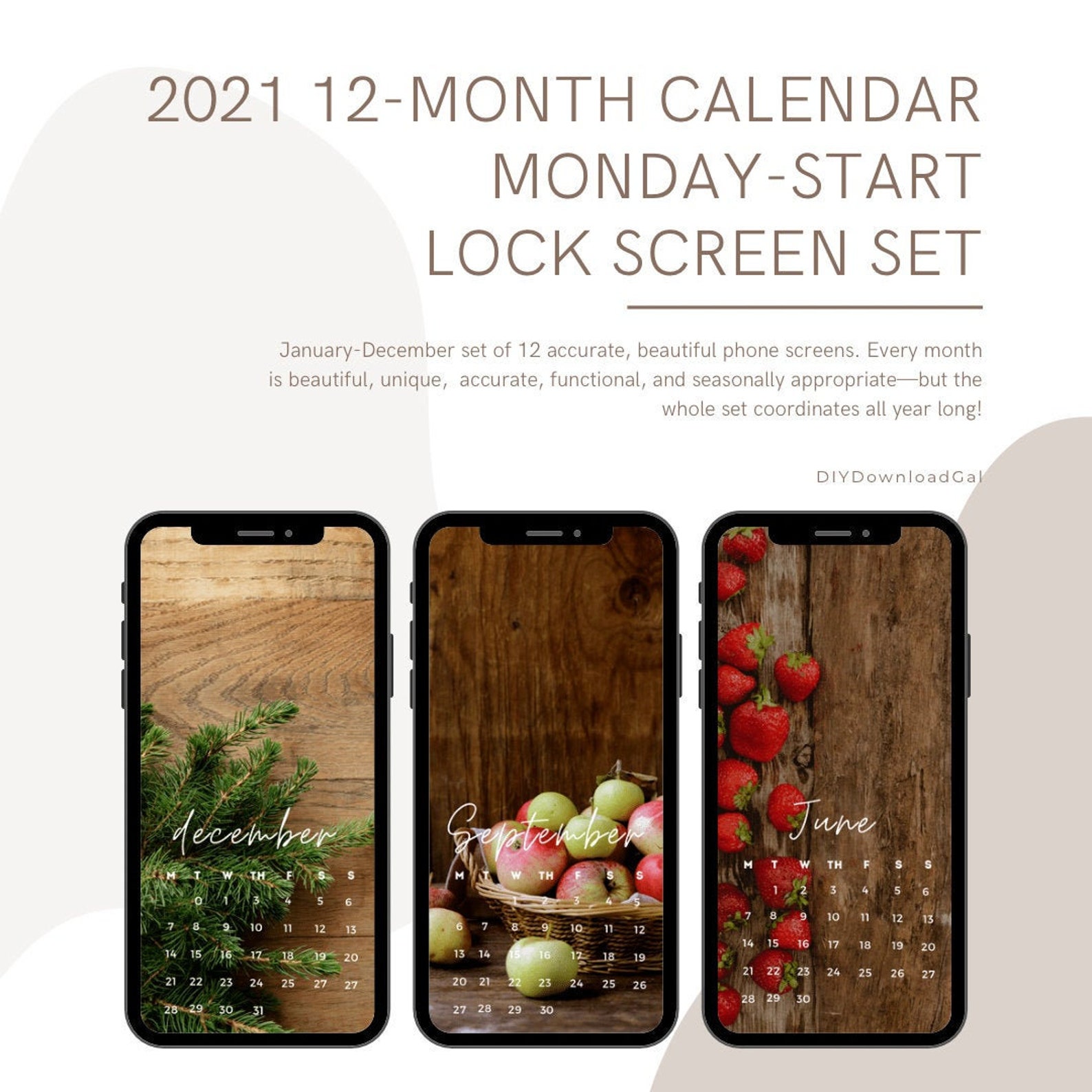 Monday Start Calendar iphone Lock Screen 2021 Rustic Etsy