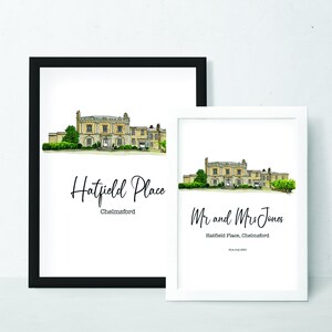 May include: Two watercolour illustrations of Hatfield Place in Chelmsford, Essex. The first illustration shows the building with the text "Hatfield Place, Chelmsford" below. The second illustration shows the building with the text "Mr and Mrs Jones, Hatfield Place, Chelmsford" below.