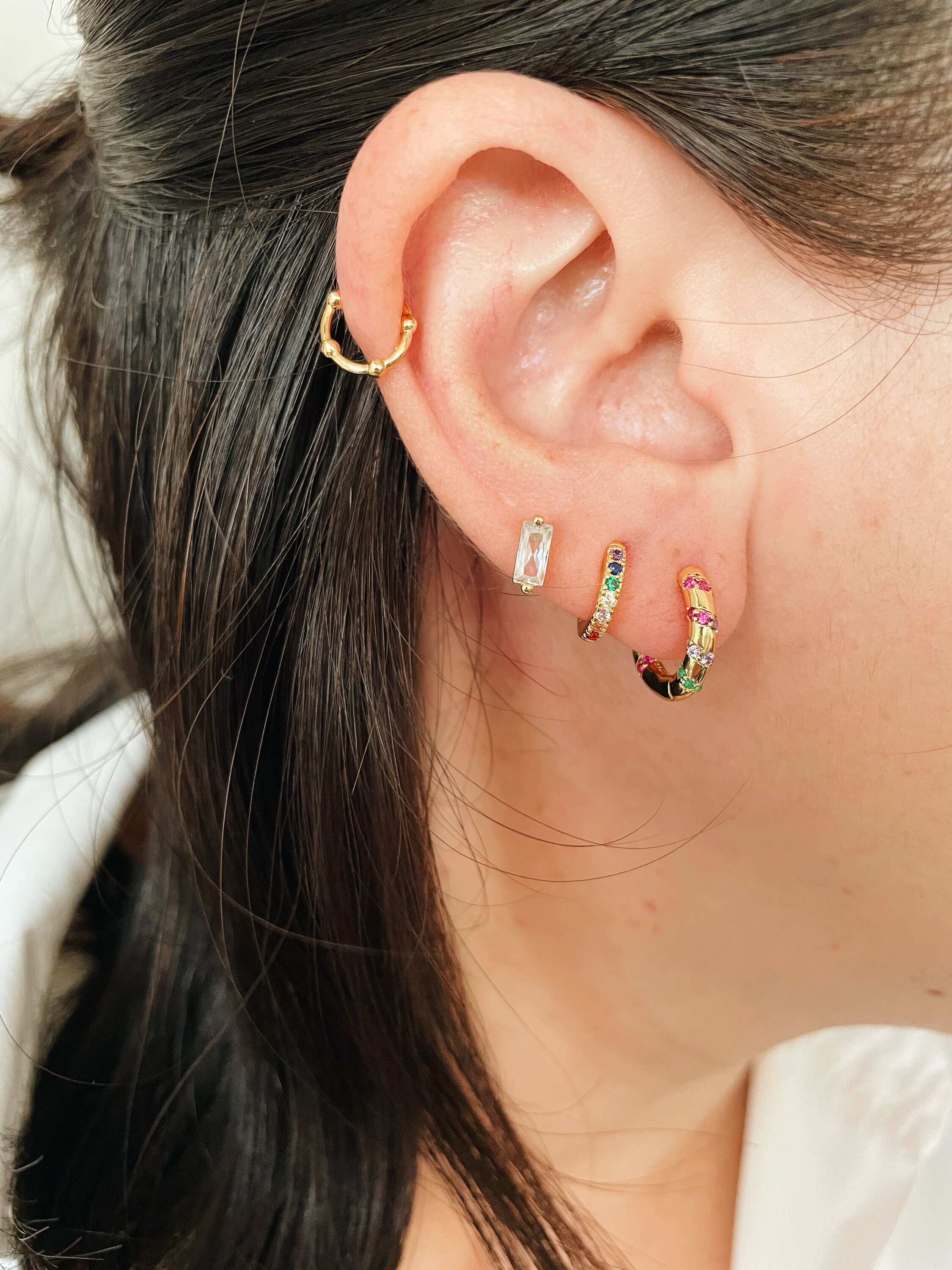 Thick Huggie Hoops With Rainbow Pav CZ Gems 18K Gold Plated