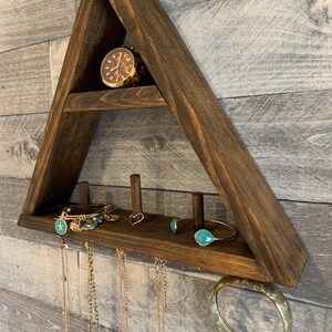 Rustic Wooden Triangular Jewelry Holder- Stained - Torched - Home Décor - Wall Hanging Jewelry Storage - Handmade