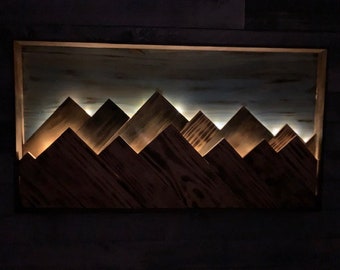 Large Mountain Illuminated Wall Art - Handmade - Stained - LED Lighted Mountain Art - Rustic Home Décor - Wall Hanging - Wooden Mountain Art