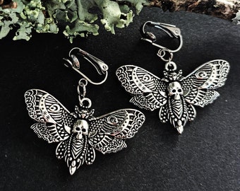 Moth Gothic Clip On Earrings. Goth, Whimsigoth Jewellery. Grunge Y2K No Piercing Earrings. Emo, Punk, Witchy, Dark Academia Jewelry Gift UK