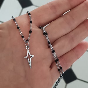 Cross Star Necklace. Y2K Grunge Black Bead Choker. Mens Gothic Jewelry - North Star. Goth, Grunge Fairycore, Whichy Jewellery Gift Alt UK