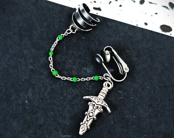 Dagger Earrings. Loki Clip On Earring - Green Bead Chain and Ear Cuff. Sword No Piercing Earring. Whimsigoth, Grunge Mens Jewellery Gift UK