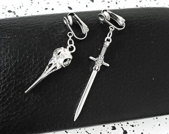 Gothic Clip On Earrings - Bird Skull & Sword. Goth Raven, Dagger Mens Earrings. Grunge, Dark Academia, Witchy Jewelry. Norse Viking Gift UK
