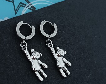 Grunge Gothic Teddy Bear Earrings: Y2K Silver Hoops