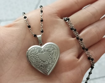 Grunge Locket Necklace. Goth Jewellery. Whimsigoth, Y2K Gothic Gift. Photo Heart Choker - Black Bead. Fairycore, Whichy, Alt Jewelry UK