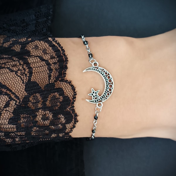 Crescent Moon Star Bracelet. Black Beaded Chain Bangle. Goth, Gothic Jewelry. Dark Academia Jewellery. Grunge Fairy Jewelry  UK