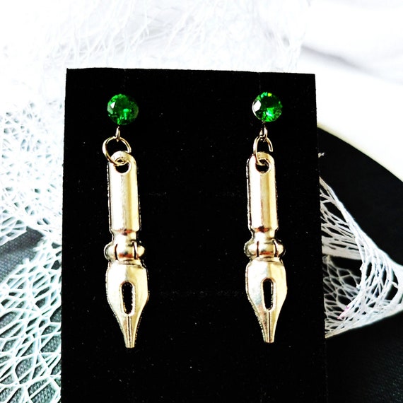 Green Fountain Pen Earrings Dark Academia Jewelry. Emerald Etsy UK