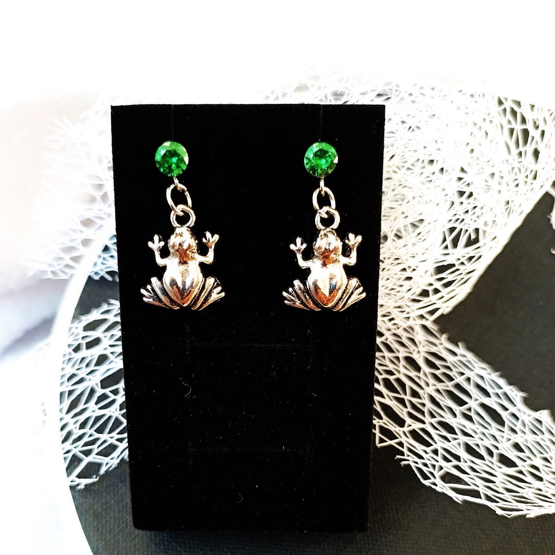 Green Frog Earrings. Sterling Silver Birthstone Jewellery. Personalized