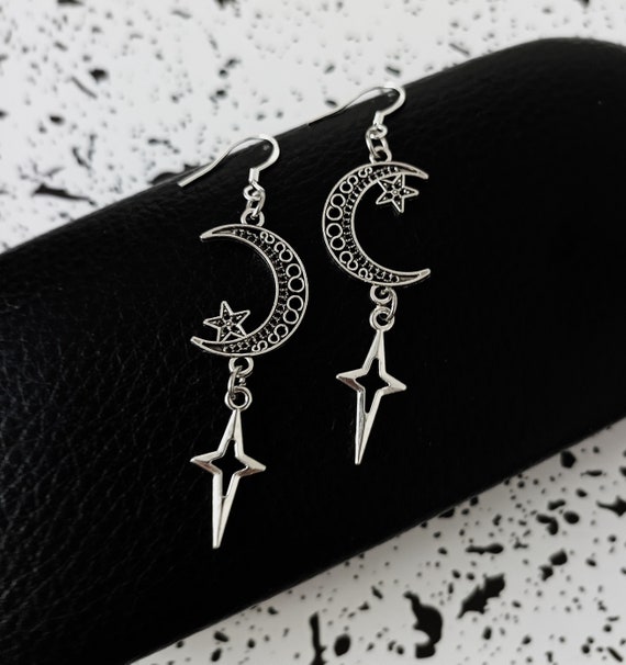 Gothic Earrings. Cross Star & Moon Sterling Silver Earrings