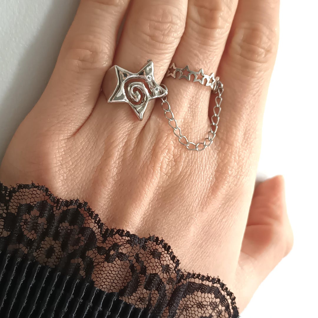 Whimsigoth Star Ring Set: Stainless Steel Chain Linked Double Ring