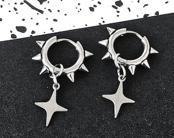 Pendientes Grunge Gothic. Aros con pinchos: Acero inoxidable. Cruz Estrella Whimsigoth, Joyería Alt. Joyería Gótica Punk del Reino Unido