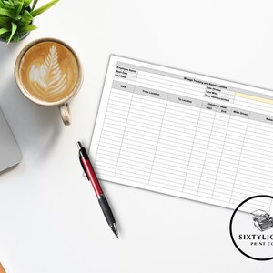 May include: A white desk setup with a laptop, a cup of coffee, a pen, and a mileage tracking form. The form is labeled "Mileage Tracking and Reimbursement" and includes fields for employee information and mileage details. A small plant is also present.