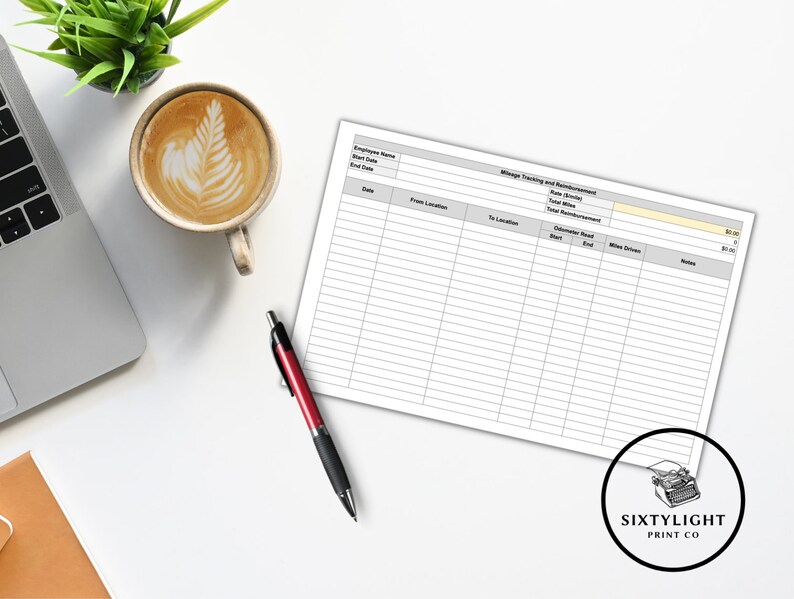 May include: A white desk setup with a laptop, a cup of coffee, a pen, and a mileage tracking form. The form is labeled "Mileage Tracking and Reimbursement" and includes fields for employee information and mileage details. A small plant is also present.