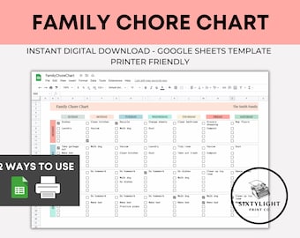 Family Chore Chart, Weekly Schedule, Editable Google Sheet (Digital Download)