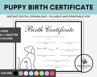 Certificato di nascita del cucciolo stampabile, modulo per l'allevatore (download digitale)