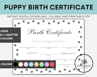 Certificato di nascita per cuccioli stampabile, con impronta di zampa (download digitale)