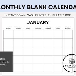 Blank Monthly Calendar, Minimalist Calendar, Simple Calendar, Calendar Printable, Monthly Calendar Printable, Monthly Calendars