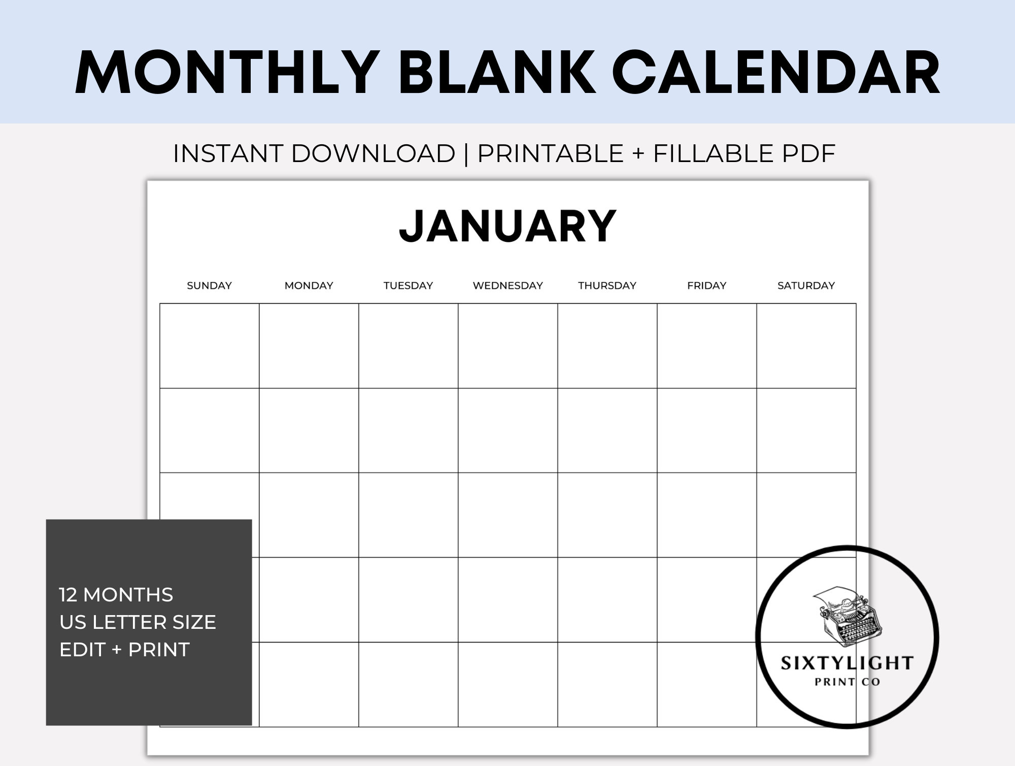 Blank Monthly Calendar, Minimalist Calendar, Simple Calendar, Calendar ...