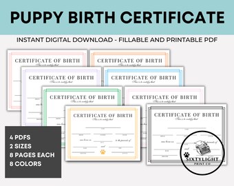 Certificato di nascita del cucciolo stampabile, modulo per l'allevatore (download digitale)