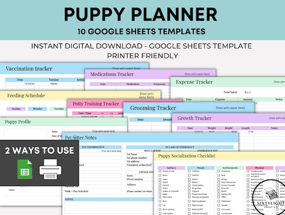 Puppy Planner Template, Pet Profile, Socialization Checklist (Google Sheets)